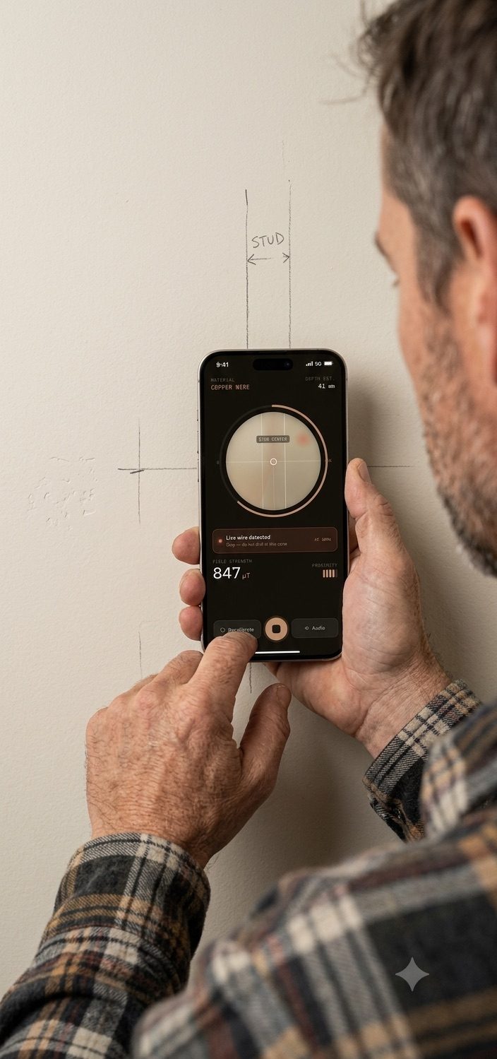A person holding an Android phone flat against a wall marked STUD, with the Stud Finder app on screen showing a detected stud center and a live magnetic field strength reading.